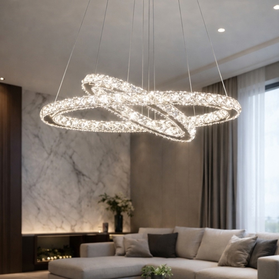 Lampadario contemporanep doppio anello cristalli led 40w 3500k cm64