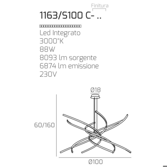 Lampadario moderno oro led 88w 3000k top light tornado <no web<