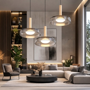 Lampadario a 3 sospenssioni moderna vetro cromo legno per soggiorno