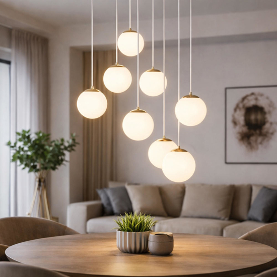 Ondaluce santos lampadario a sospensione oro moderno 8 luci 60w 3000k sfere vetro bianco