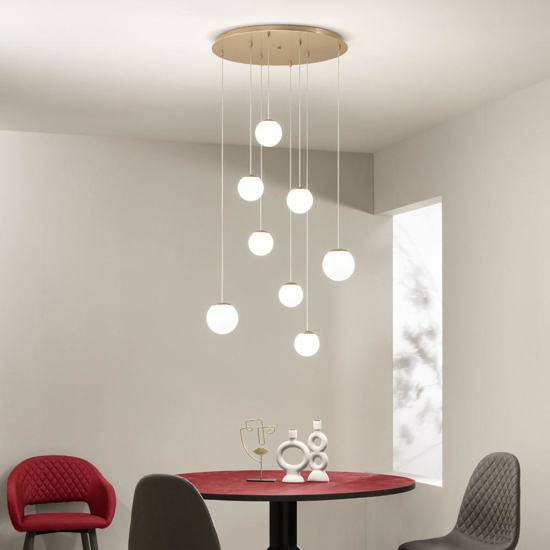 Ondaluce santos lampadario a sospensione oro moderno 8 luci 60w 3000k sfere vetro bianco