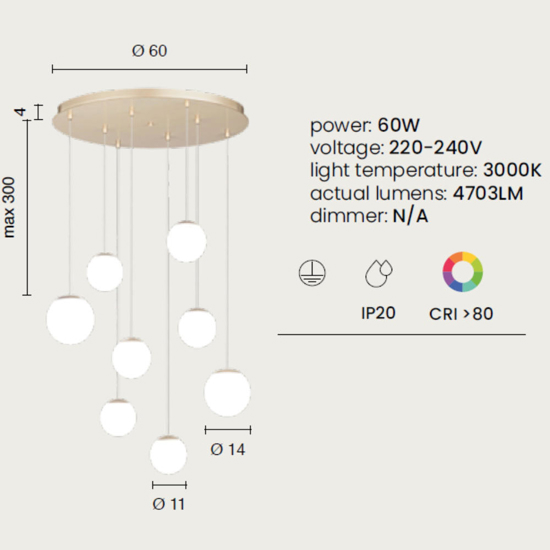 Ondaluce santos lampadario a sospensione oro moderno 8 luci 60w 3000k sfere vetro bianco