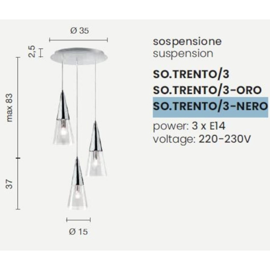 Ondaluce so trento 3 lampadario per cucina moderna nero coni di vetro