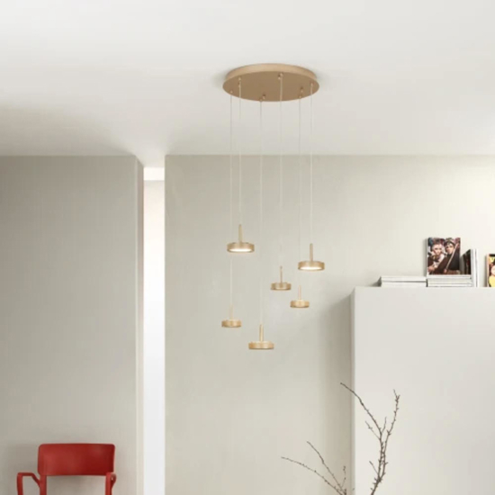 Lampadario da cucina moderna ondaluce nina oro 6 luci led 3000k dimmerabile