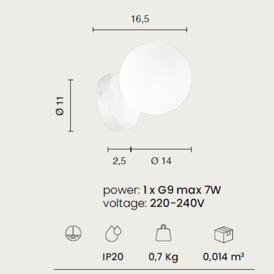 Ondaluce applique pallina nera da comodino camera da letto vetro bianco