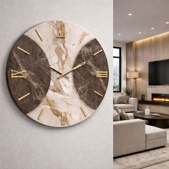 Grande orologio da parete rotondo effetto marmo numeri romani foglia oro 100cm