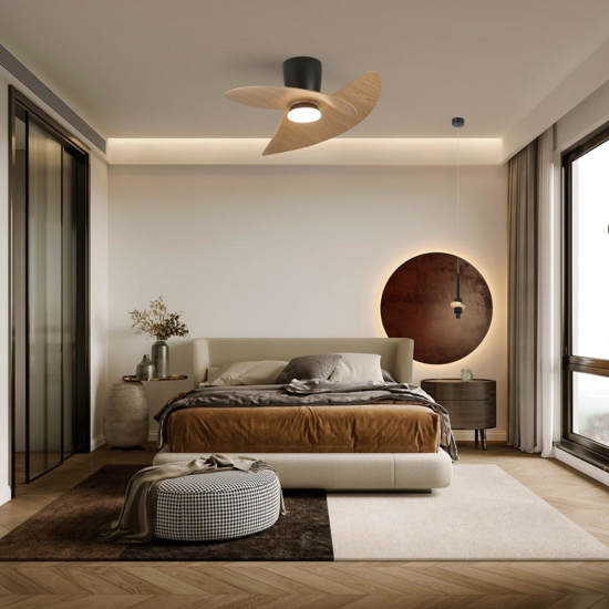 Lampadario ventilatore con pale luce led cct nero e legno stanza 13mq con telecomando