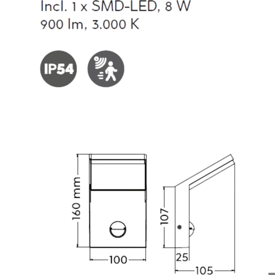 Applique da esterno con sensore movimento led 8w 3000k antracite anti corrosione