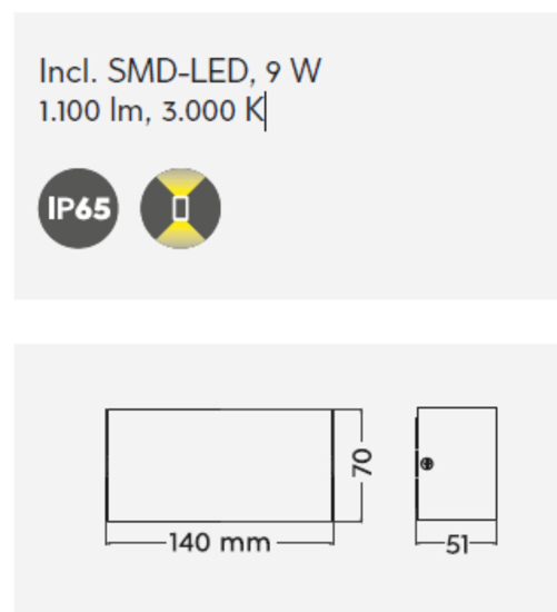 Applique rettangolare per esterno bianco led 9w 3000k ip65 anti corrosione