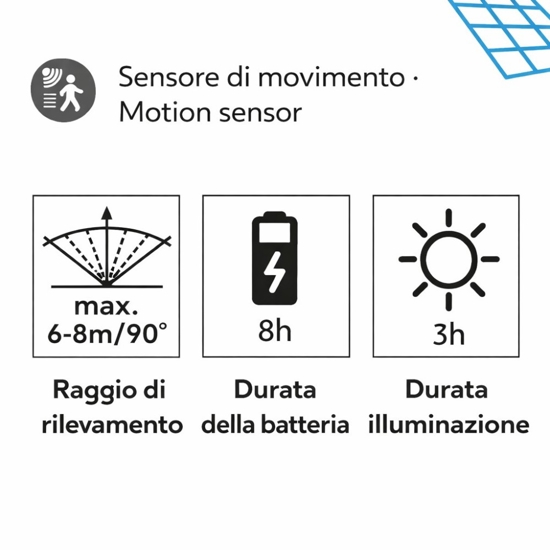 Applique solare per esterno led 3w 3000k con sensore di movimento