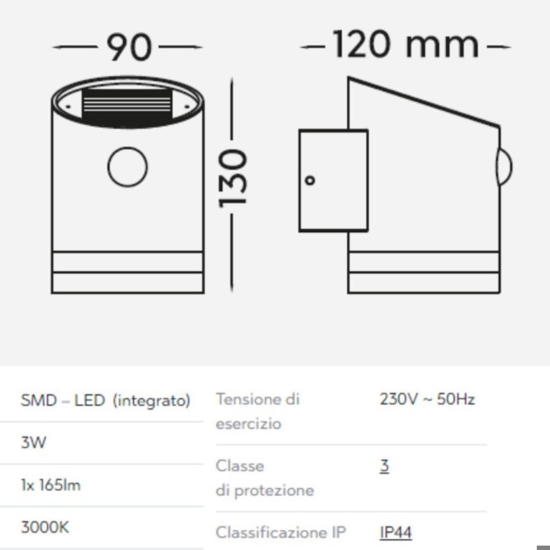 Applique solare per esterno led 3w 3000k con sensore di movimento