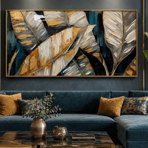 Quadro foglie di palma cornice oro 150x75cm decoro resina lucido