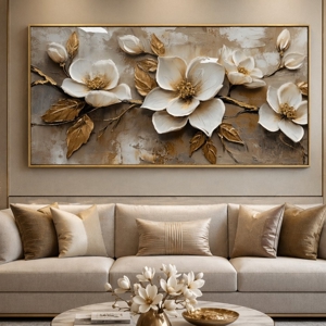 Quadro floreale avorio oro 150x75cm decoro resina lucido cornice oro