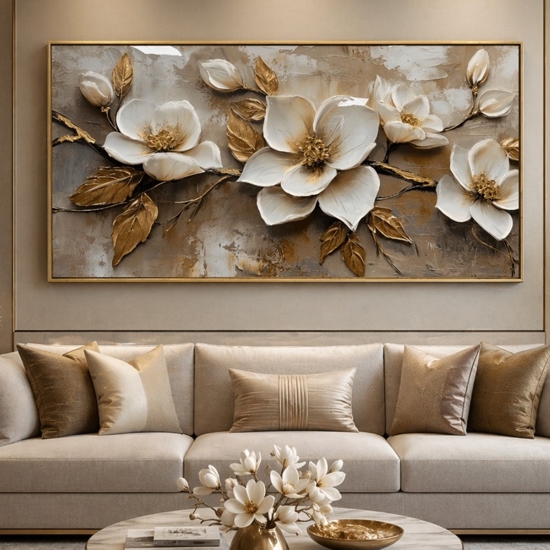 Quadro floreale avorio oro 150x75cm decoro resina lucido cornice oro