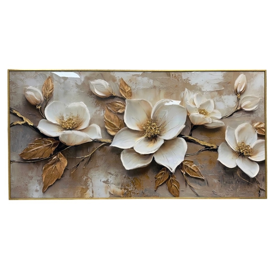 Quadro floreale avorio oro 150x75cm decoro resina lucido cornice oro