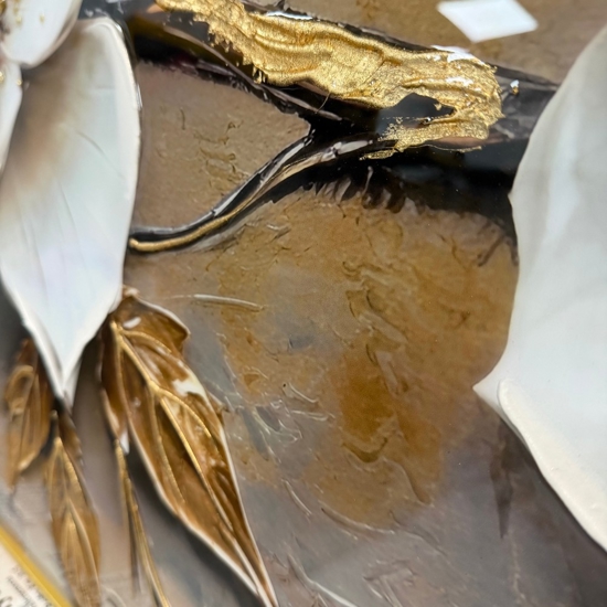 Quadro floreale avorio oro 150x75cm decoro resina lucido cornice oro