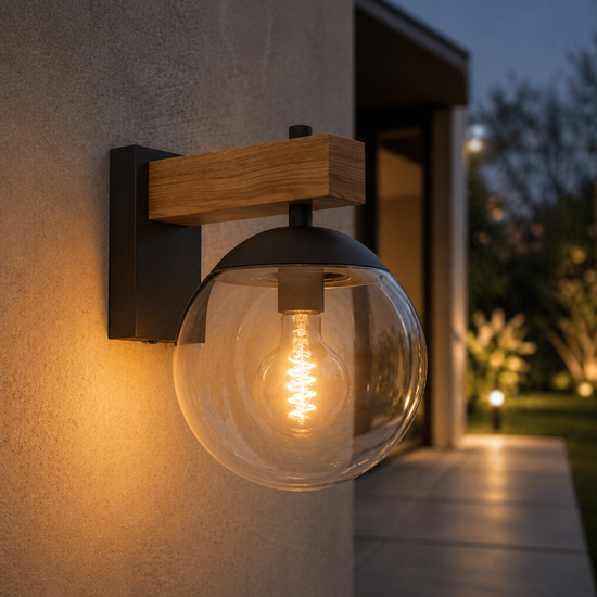 Applique da esterno sfera vetro fume ip44 legno