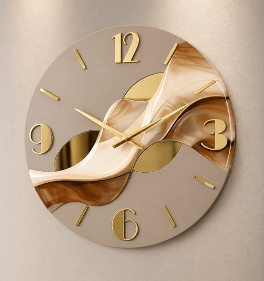 Grande orologio rotondo a parete resina effetto marmo dettagli foglia oro 70cm