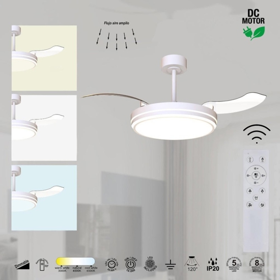 Ventilatore da soffitto 13-20mq pale retrattili bianco  led con telecomando