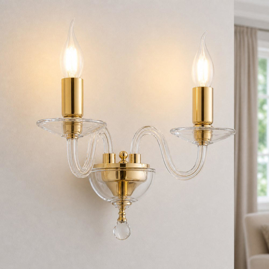 Applique da parete a 2 bracci in vetro trasparente e finiture oro