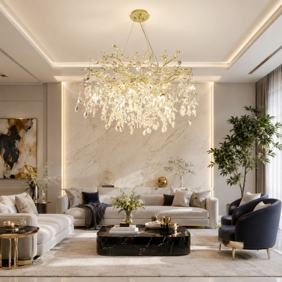 Lampadario contemporaneo oro pendenti vetro cristallo