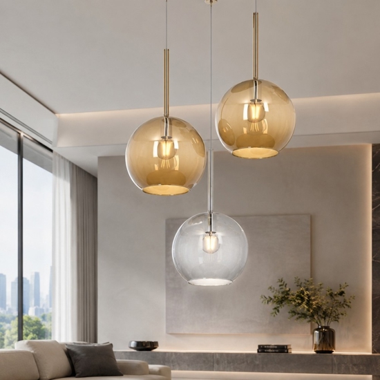 Lampadario per soggiorno sfere trasparente ambra