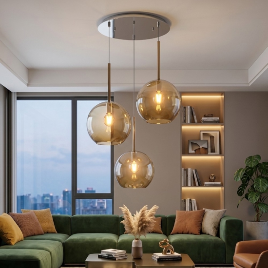 Lampadario 3 luci moderna vetri ambra