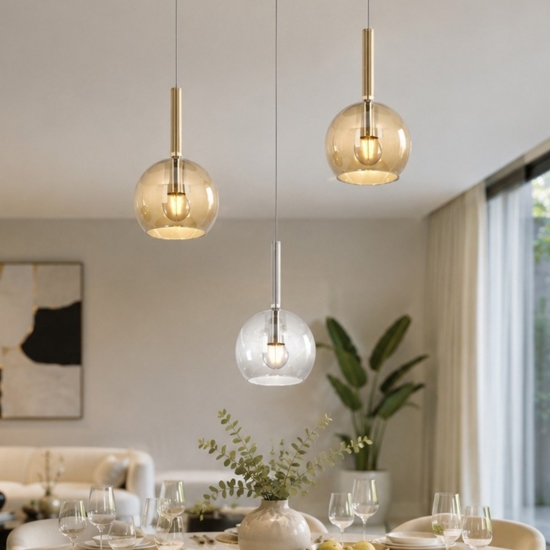 Lampadario moderno grappolo 3 vetri trasparente ambra