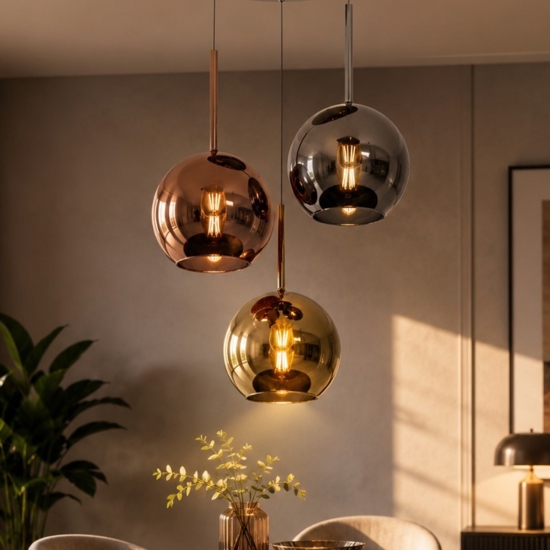 Lampadario moderno 3 luci vetri cromo rame oro future top light