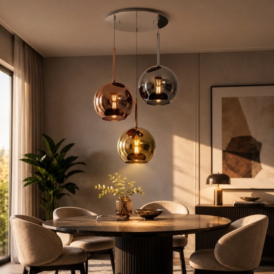 Lampadario moderno 3 luci vetri cromo rame oro future top light