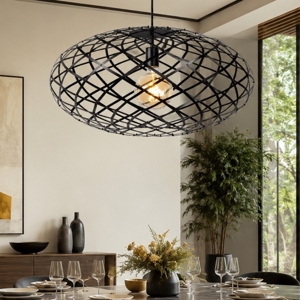 Lampadario tondo intreccio metallo nero per soggiorno