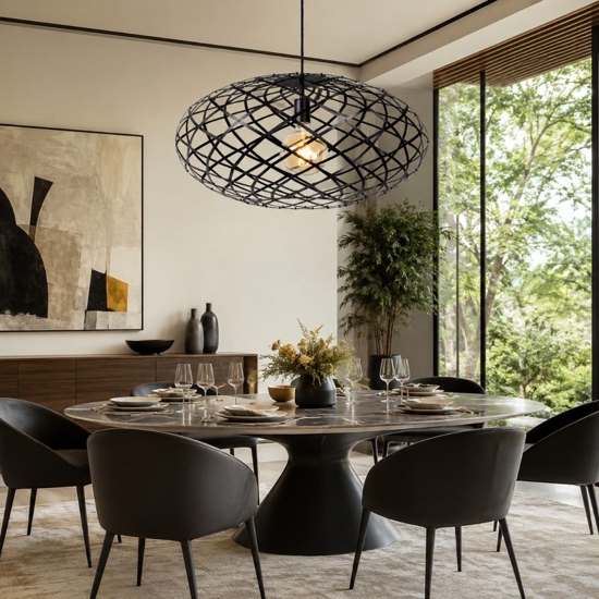 Lampadario tondo intreccio metallo nero per soggiorno