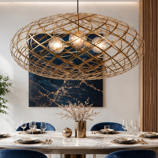 Grande lampadario per salone intreccio gabbia metallo oro 100 cm