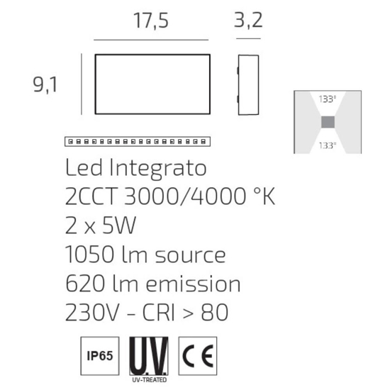 Top light madrid applique rettangolare per esterno bianca led 10w cct ip65