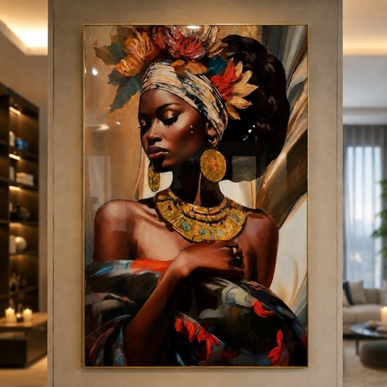 Quadro verticale donna intensa 80x120 in resina decoro cornice oro