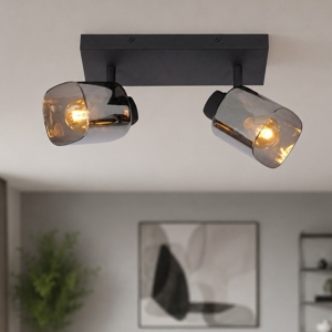 Plafoniera da soffitto nera con 2 faretti orientabili vetri fume