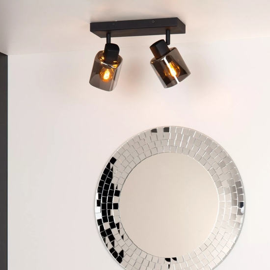 Plafoniera da soffitto nera con 2 faretti orientabili vetri fume