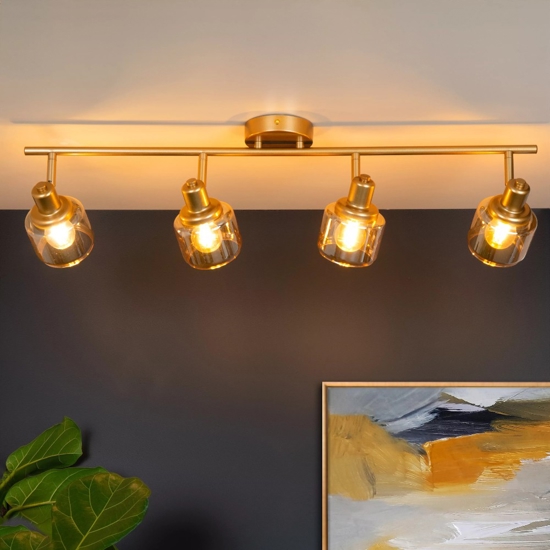 Plafoniera da soffitto oro con 4 faretti vetri ambra orientabili