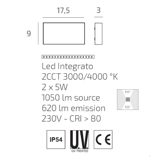 Top light applique da esterno lima bianca rettangolare led 10w cct 3000k 4000k