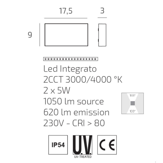 Top light applique da esterno lima bianca rettangolare led 10w cct