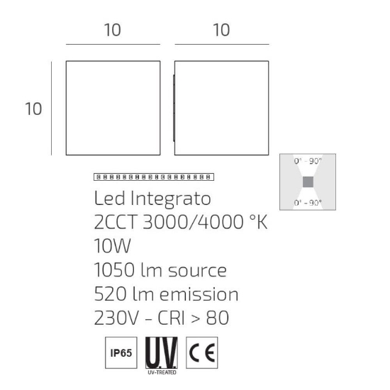 Top light perth applique cubo nero per esterno led 10w cct 3000k 4000k