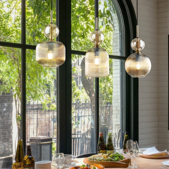 lampadario per cucina 3 vetri ambra pendenti
