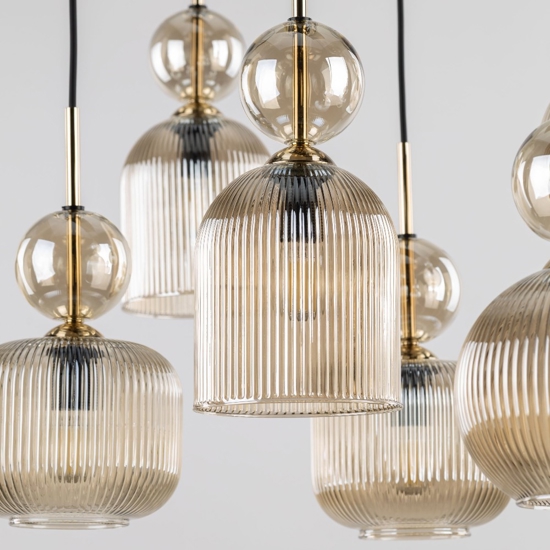 lampadario per soggiorno con 5 vetri ambra a grappolo pendenti