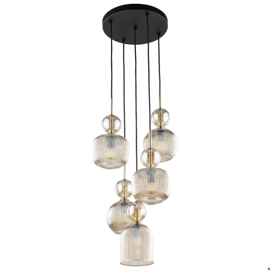 lampadario per soggiorno con 5 vetri ambra a grappolo pendenti