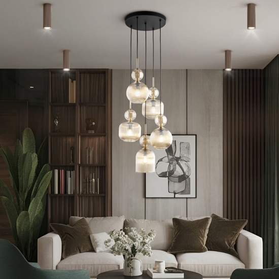lampadario per soggiorno con 5 vetri ambra a grappolo pendenti