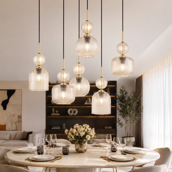 lampadario contemporaneo 6 vetri ambra pendenti per sala da pranzo