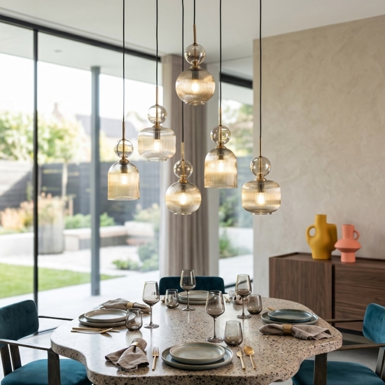 lampadario contemporaneo 6 vetri ambra pendenti per sala da pranzo