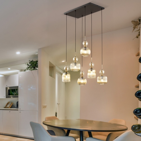 lampadario contemporaneo 6 vetri ambra pendenti per sala da pranzo