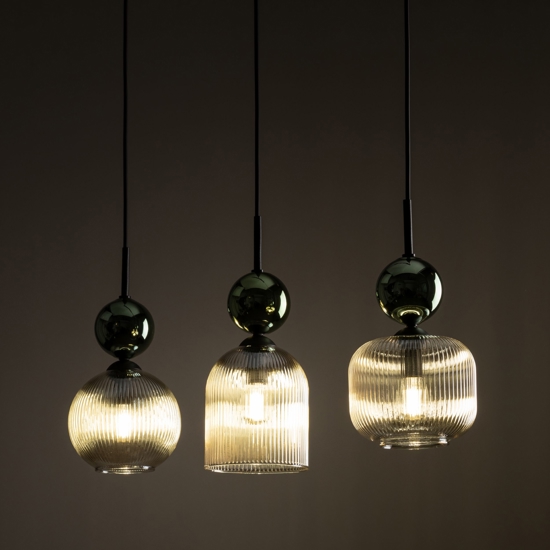 lampadario 3 luci vetri ambra verde per sala da pranzo 