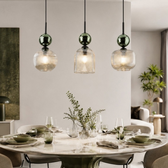lampadario 3 luci vetri ambra verde per sala da pranzo 